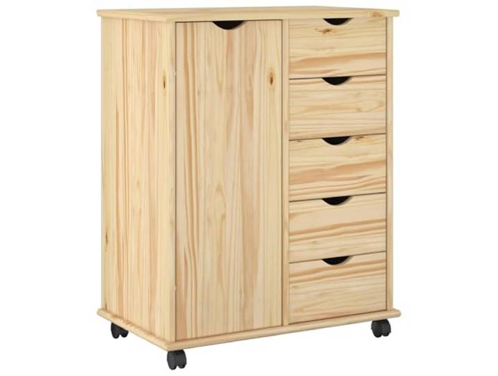 HKLGBVCR Rollschrank 63,5 x 39 x 79 cm Kiefer massiv braun Verstellbare Einlegeböden, ausziehbare Schubladen, 4 stabile Rollen, Scharniertüren, mattes Finish, abwischbar