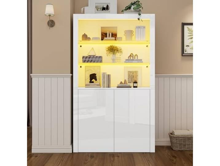 Ball & Cast Standvitrine mit Beleuchtung, Vitrine mit Offenen Fachböden für Wohnzimmer, Schlafzimmer & Büro, Weiß