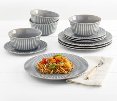 Tabletops Gallery Richmond Collection- 12 Piece Stoneware Embossed Dinnerware Set in Gray