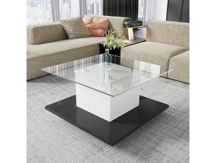 Table Basse Verre-table basse en verre brillant table basse mobile-roulettes pivotantes Table Basse Carrée LED Réglable-Noir Blanc