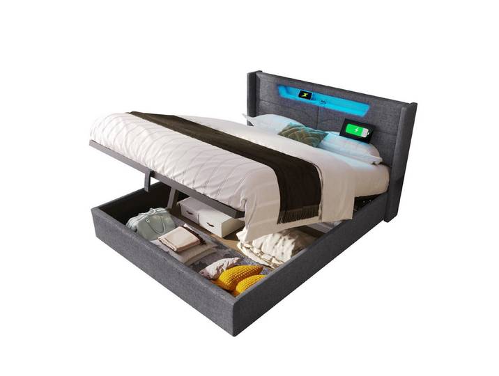 Flieks Polsterbett, LED Hydraulisches Doppelbett mit Stauraumkopfteil & Aufladen 160x200cm
