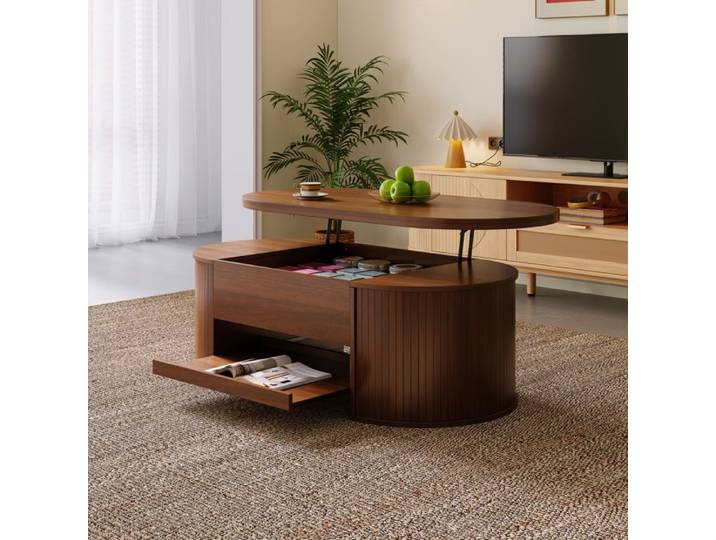 Table basse relevable table basse avec côtés en bois incurvés étagère coulissante plateau relevable table basse multifonctionnel