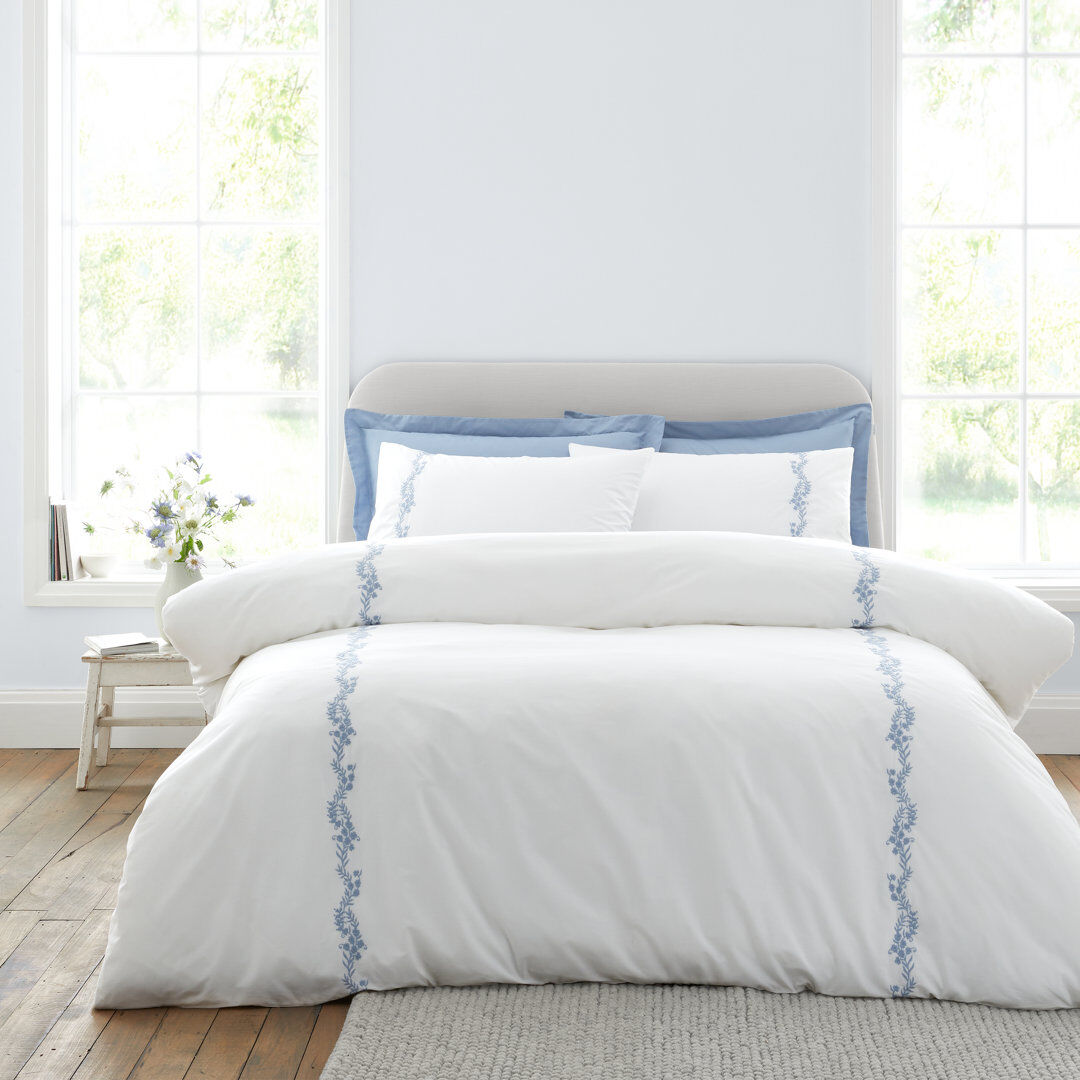 Bianca Cotton Camille Embroidered Floral 200 Thread Count Cotton Duvet Cover Set White / Blue King