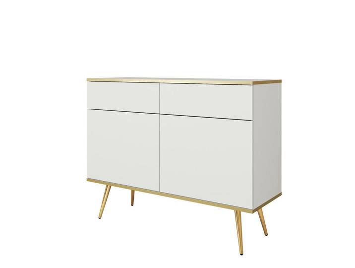 Komodee Sideboard Banff Kom2-2D2S Goldene Metallbeine, Weiß, 107x85x39 cm, Kleinmöbel, Kommoden, Sideboards
