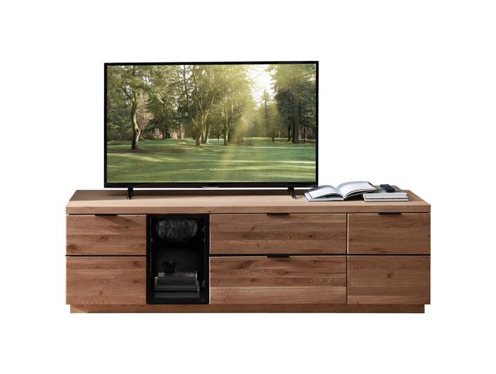 Linea Natura Lowboard, Anthrazit, Eiche Bianco, Holz, Metall, Glas, Eiche, furniert, massiv, 3 Fächer, 1 Schublade(n) Schubladen, 200x60x50 cm, Beimöbel erhältlich, Holzmöbel, Kleinmöbel Holz, Holzkommoden, Lowboards Holz