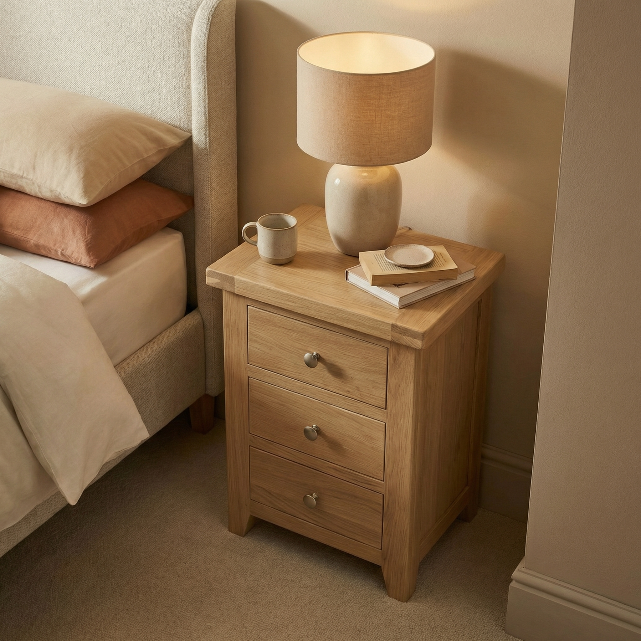 Burford 3 Drawers Bedside Table in Natural Oak
