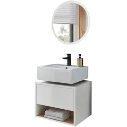 BADMÖBEL-SET 2-teilig weiß Hochglanz, Eiche, Badmöbel mit LED Beleuchtung 60 cm