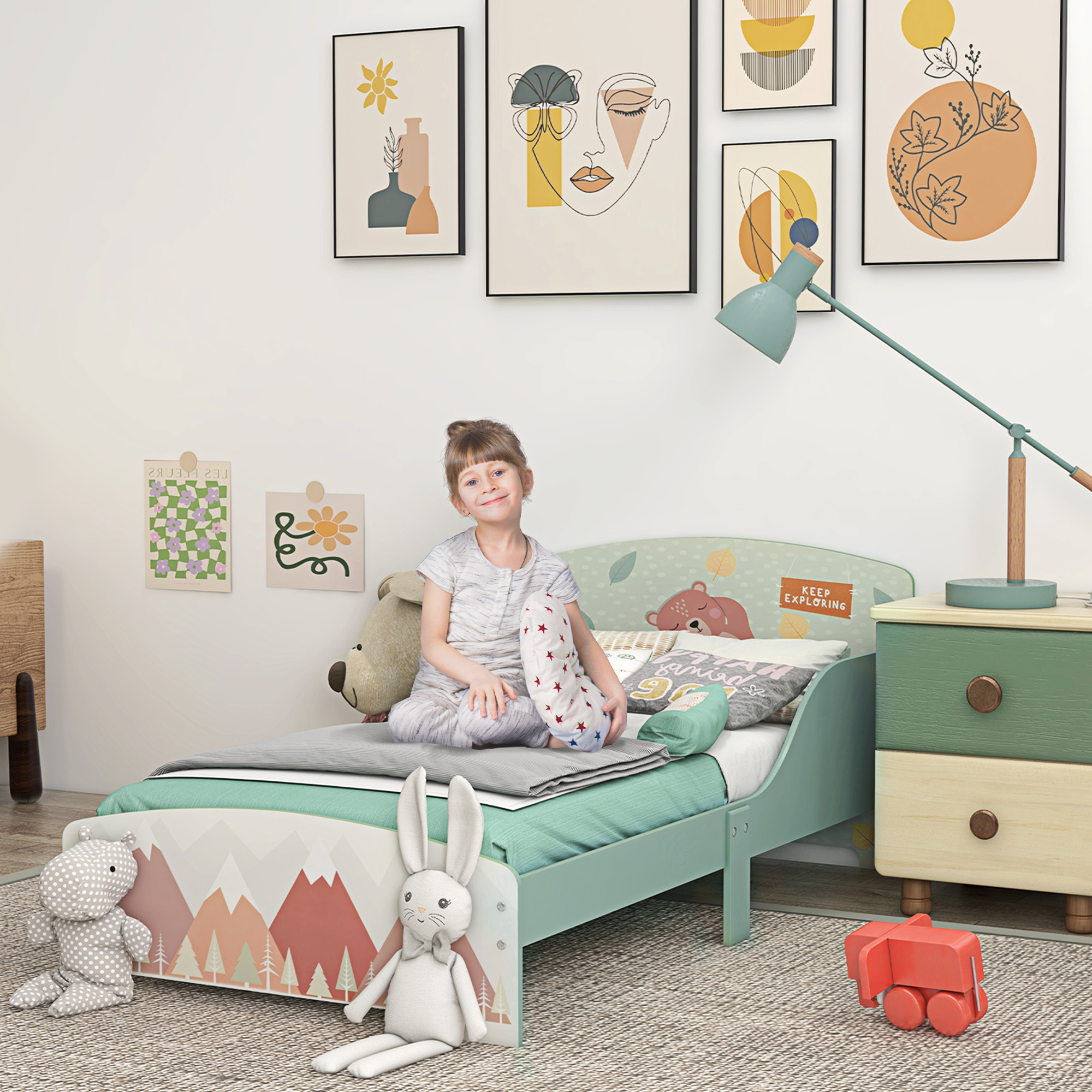 Zonekiz Letto per Bambini 3-6 Anni con Bordi Rialzati, Doghe e Fantasia con Animali, 140x70 cm, Verde