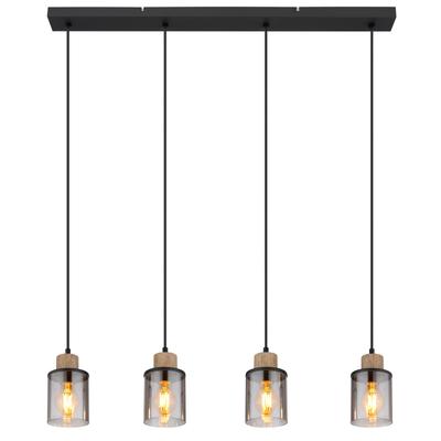 GLOBO LIGHTING Hängeleuchte "REID", schwarz (schwarz matt), 4, Ø 10cm H: 120cm, 1 Stk., Leuchten, Wohnzimmerleuchte schwarz/Holz, Rauchglas, höhenkürzbar, Hängeleuchte