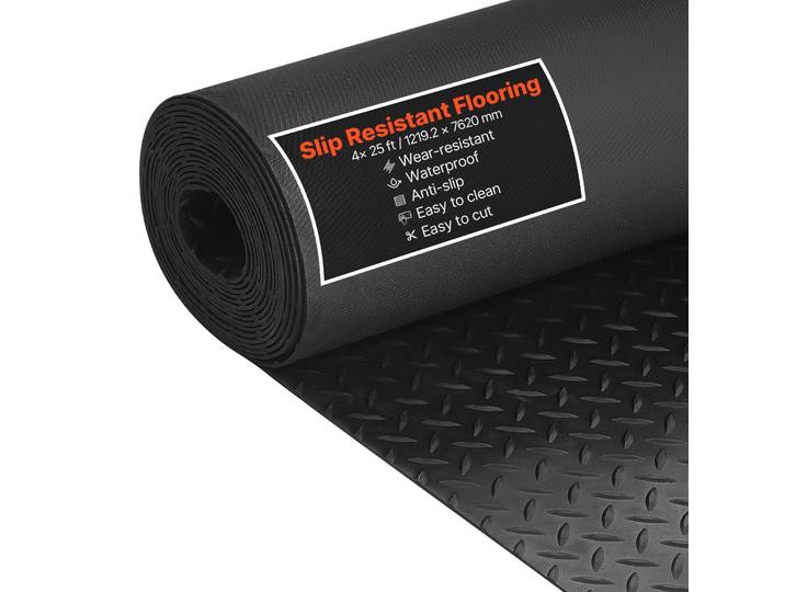 Vevor Tapis Sol Garage 1\,22 X 7\,62 M Rouleau Revetement De Sol Garage Caoutchouc Antiderapant Resistant A Lusure Epaisseur A Motif Diamant 3 Mm Pour Garages Ateliers Entrepots Salles De Sport\, Noir