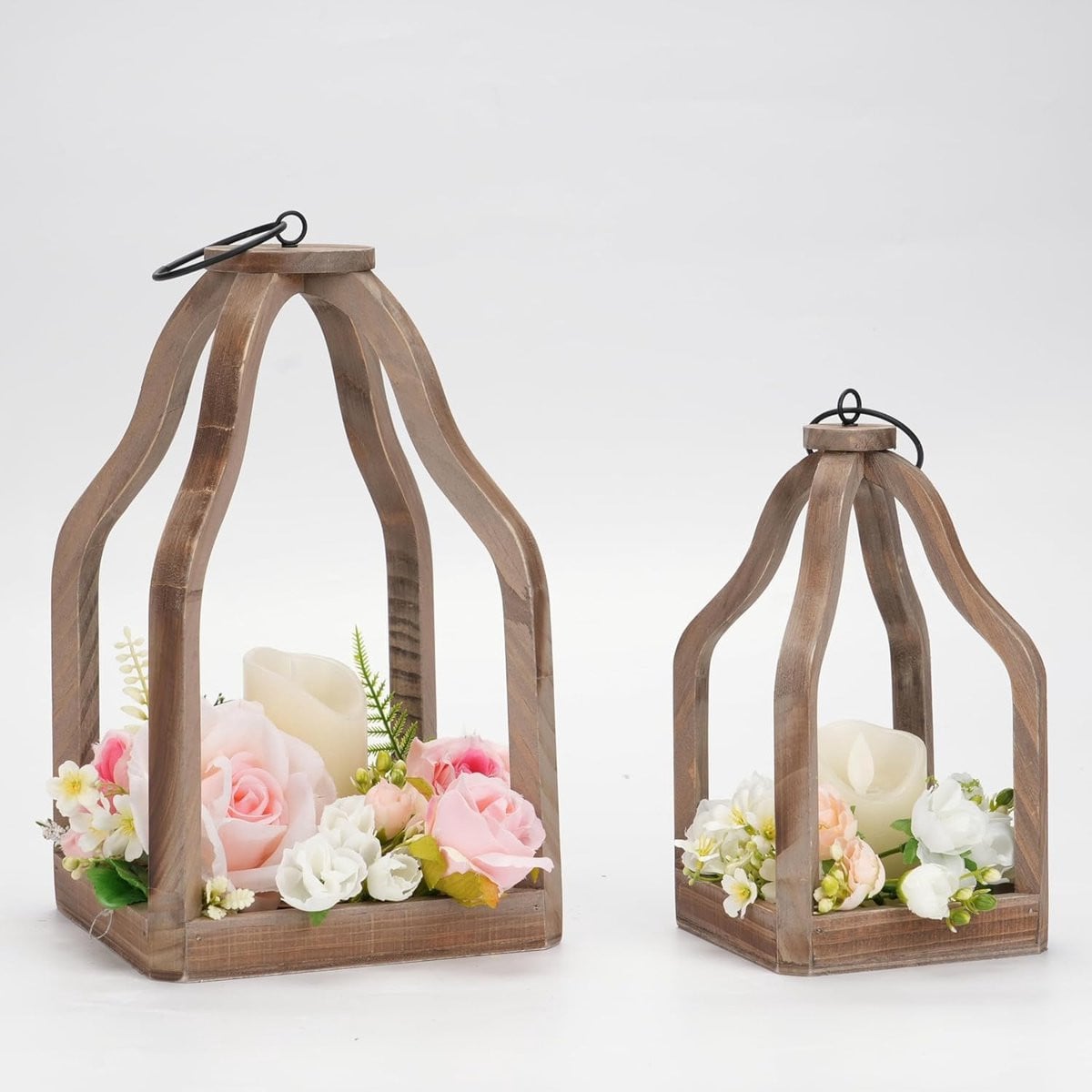 Set van 2 houten lantaarns voor kaarsen in rustieke landhuisstijl - Bruin