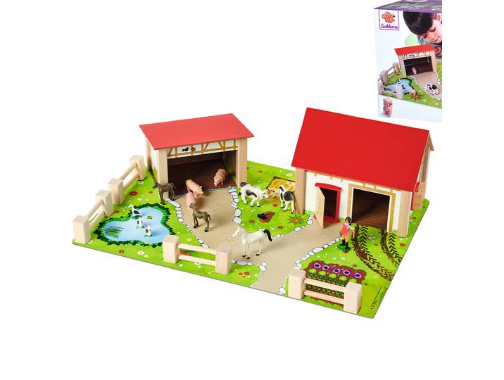 20-teiliger Bauernhof aus Holz, mit 2 Gebäuden, Spielplatte, Figuren, Tiere, Zäune