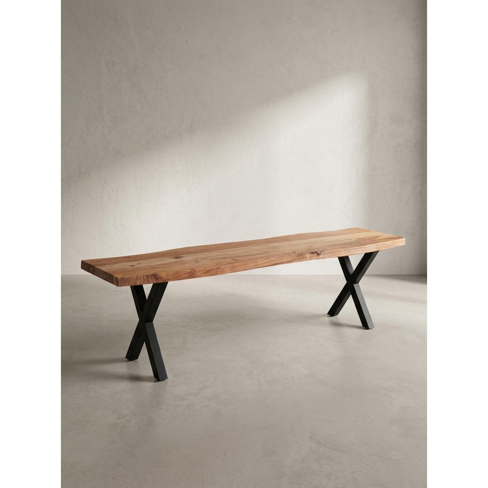 Esszimmerbank Massivholz Metall Baumkante X-Beine, Akazie 160x40x46 cm
