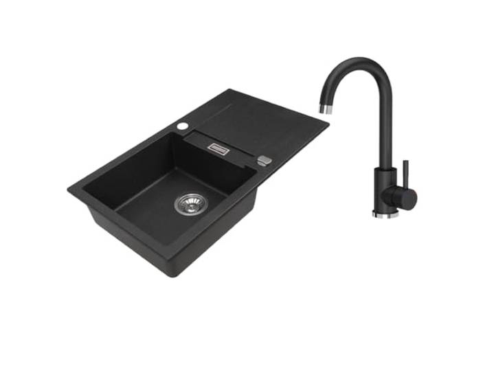 VBChome Granitspüle 76 x 44 cm Schwarz mit Armatur Einzelbecken Einbauspüle Reversibel Gesprenkelt Pflegeleichtes Spülbecken mit Siphon Ideal für kleine Küchen