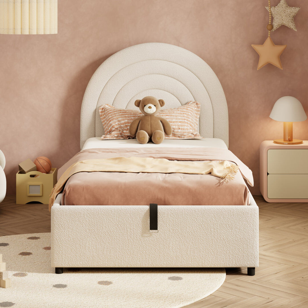 Harriet Bee Upholstered Single Bed 3Ft 90*190 Wooden Slats Boucle - Beige
