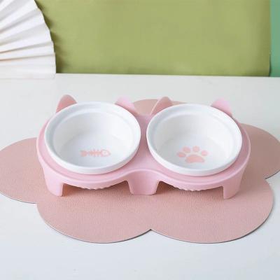 Inspired Living Elevated Ceramic Double Cat Bowl For Food And Water pink