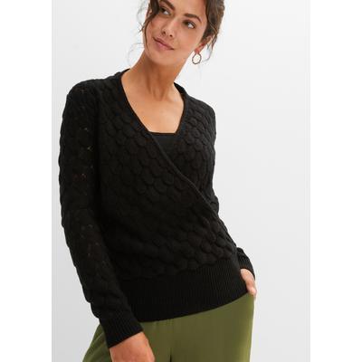 Strickpullover BONPRIX, Damen, Gr. 40/42 (M), schwarz, Strick, Obermaterial: 100% Polyacryl, unifarben, loose fit hüftbedeckend, V-Ausschnitt, Strickbündchen, Pullover Strickpullover, im tollen Ajour-Strick, Wickeloptik, bequeme Passform