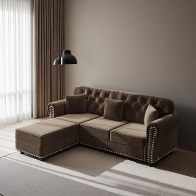 ZWYO HOSIMU Velvet Chesterfield Sofa Set with Ottoman, Nailhead Trim and Button Tufting