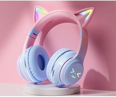 Uplifted Trends Cute Cat Ear LED Bluetooth Headphones For Kids Wireless RGB Earphones With Mic blue