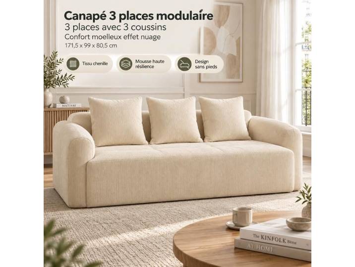 Canapé modulable - SOGEU - W3633P463979 - Chenille - Beige - Accueil moelleux
