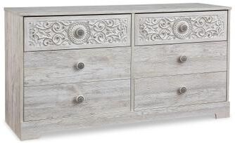 Benjara 59 Inch Dresser, 6 Drawers, Medallion Design Front, Whitewashed MDF Frame