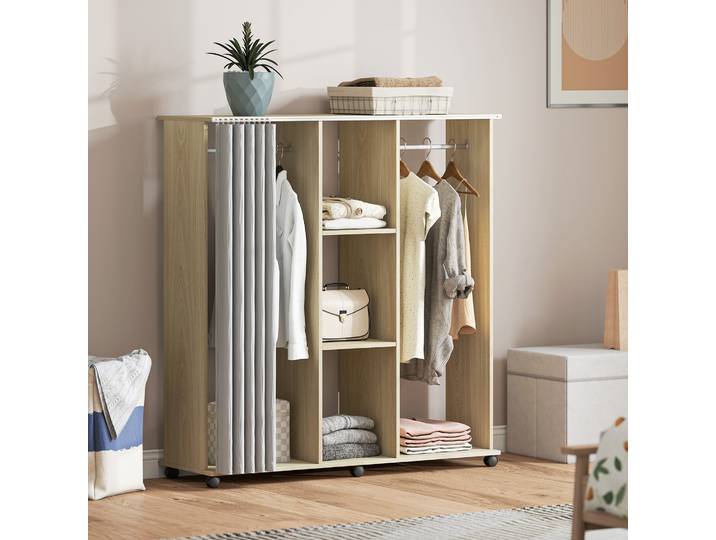 HOMCOM Armoire Mobile Bois 6 Roulettes 120x40x128 cm