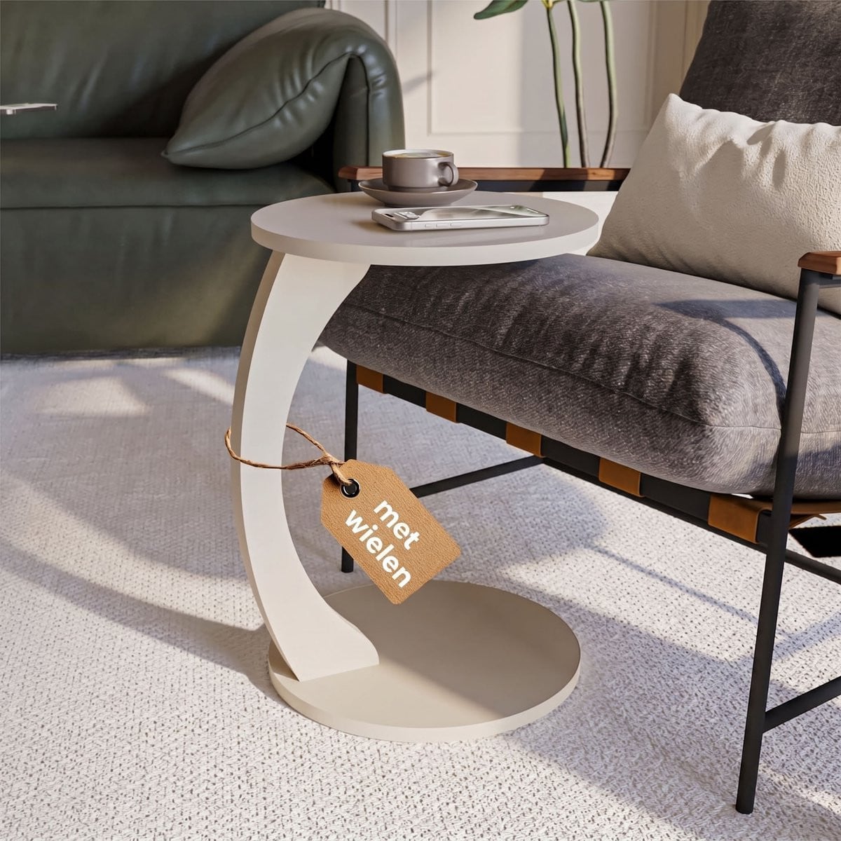 Sugodesign Bijzettafel met wielen – C-vormige ronde salontafel – Zandbeige