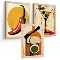 POSTER 3er Set Küchen-Wandbilder Vintage Chili Martini und Brot Olivenöl Retro Esszimmer Bar Deko Rahmenlos A3