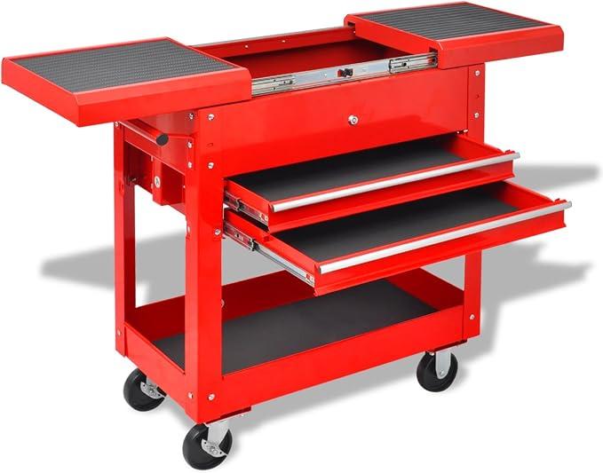 Werkzeugwagen Rot aus Stahl, 79,5 x 37 x 85 cm, Werkstattwagen mit Rollen für Werkstatt Garage Lager und Baustelle, stabile Transporthilfe für Werkzeug und Zubehör