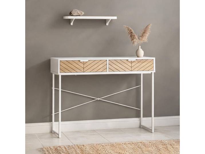 Console industrielle blanche 2 tiroirs effet chêne chevrons et métal 100x30x75 cm