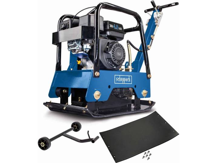 Scheppach HP2500S Benzin Rüttelplatte reversierbar 125kg 5,6PS 40cm Verdichtung 28kN Vor-/Rücklauf: 15 m/min Gummimatte & Fahrvorrichtung