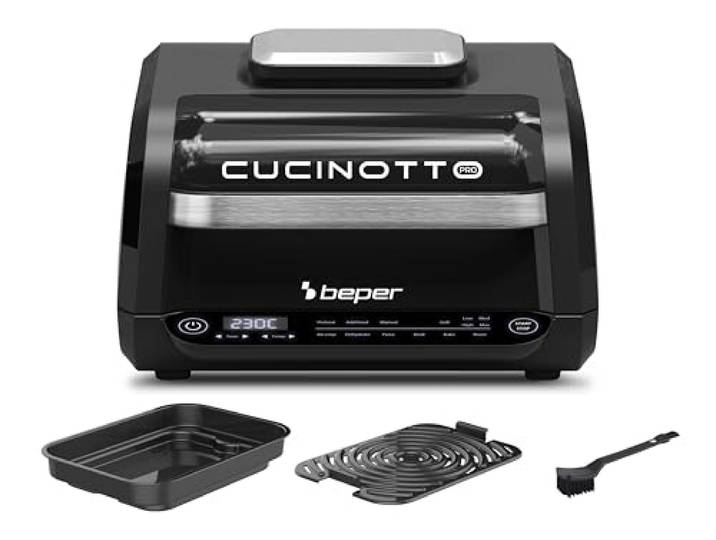 BEPER P101FRI081 Multifunktionsfritteuse, Digitale LED-Fritteuse mit 8 Programmen, Grill mit 4 Kochmodi, Temperatur bis 230°C, Timer bis 120 min, inkl. Zubehör, Schwarz
