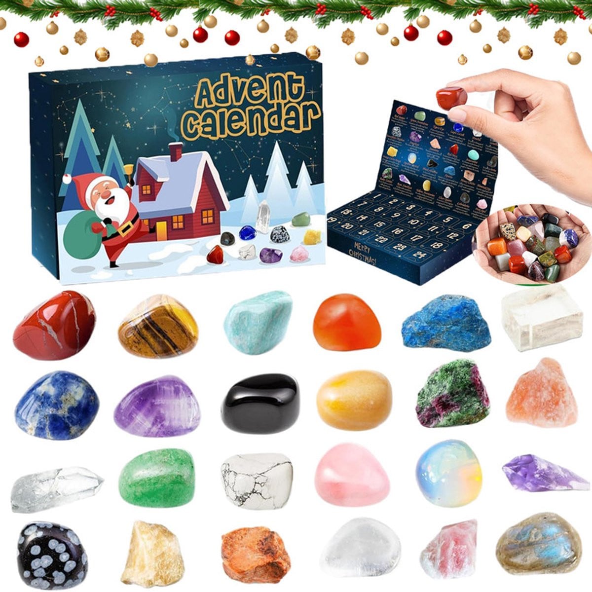 Kerst Adventskalender met 24 stuks kristallen, mineralen en fossielen - Groen