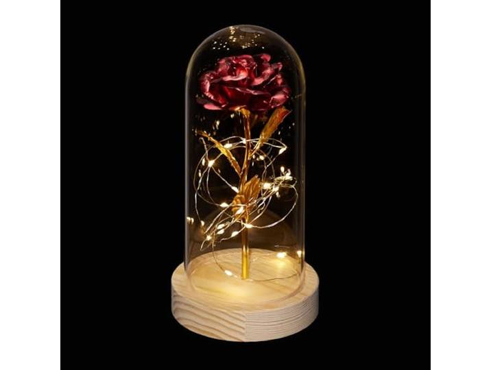 Relaxdays eeuwige roos in stolp, kunstbloem met LED-lampjes, rood/goud