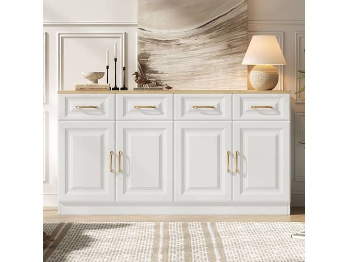 Buffet Cuisine-Meuble de Rangement-140x40x75CM-Commode Blanc-Buffet Bahut Moderne avec 4 Portes 4 Tiroirs-pour Salon Salle à Manger