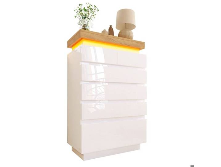Commode de chambre - LANGTU - Modèle LED - 6 tiroirs - Brillant blanc - Éclairage LED - 73x39x115 cm