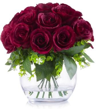 Enova Home Artificial 18 Heads Silk Roses Fake Flowers Arrangement in Clear Glass Vase with Faux Water for Home Wedding Decor