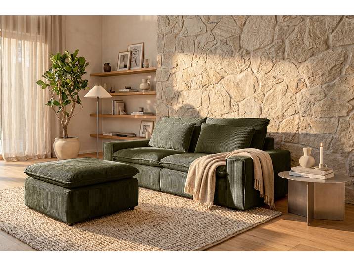 Polsterhocker 90 x 46 x 90cm Grün Cordstoff Rabia: Moosgrün
