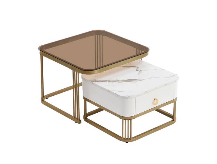 Flieks Couchtisch Stapelbar 2-tlg Hochglanz Marmoroptik Teebraun Gold Akzente, Weiß, Holz, 68x26.5x72 cm, Wohnzimmer, Wohnzimmertische, Couchtische