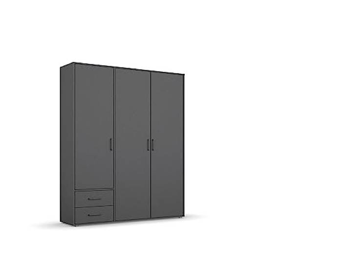 Rauch Möbel Voyager, Kleiderschrank, Farbe Grau metallic, Breite 140 cm Schrank, Mehrzweckschrank, 3-türig, 2 Schubladen, Zubehör Basic, für Schlafzimmer, Studentenwohnung, Homeoffice, Garderobe