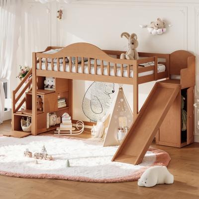 GREATPLANINC Wooden Loft Bed with Storage Stairs Slide Wardrobe Guardrail