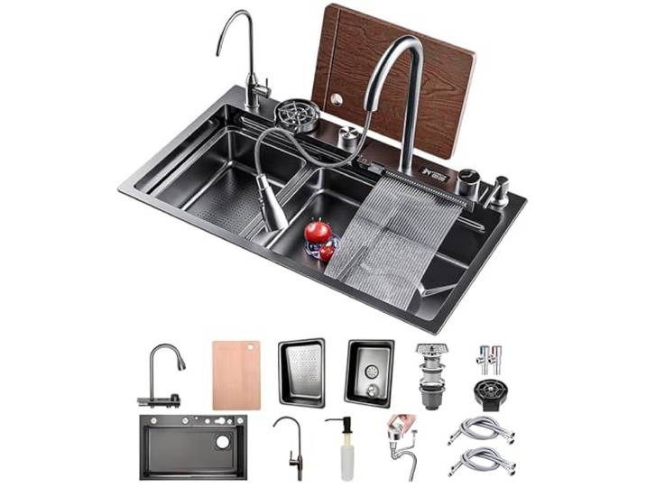 50cm Breite Küchenspüle Edelstahl Rechteck, Wasserfall Spüle, Spüle Küchemit Hahnloch Und Überlauf，Siphon, Multifunktionale Barspüle, Küche Arbeitsstation(Black-Grey A,80x50cm)