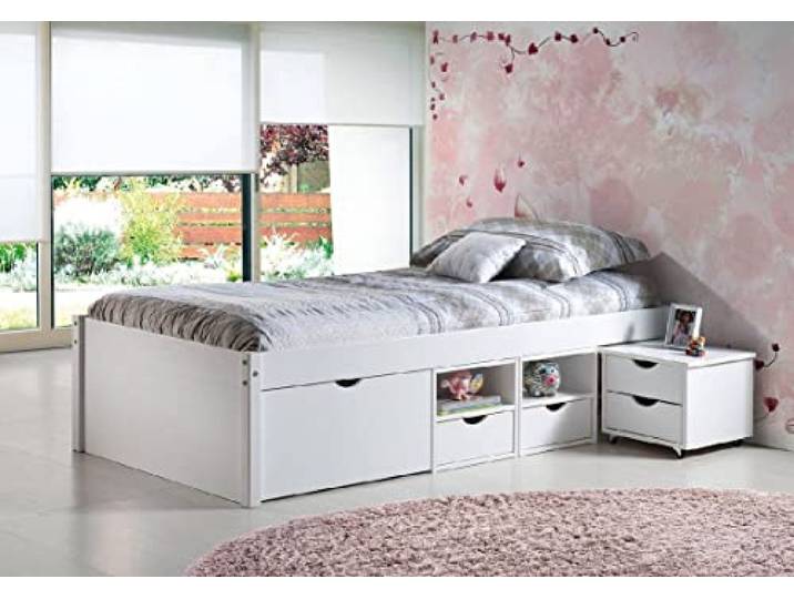 Dmora Bett mit Staufächern und Nachttisch mit Rädern in weiß wasserlackierter massiver Kiefer