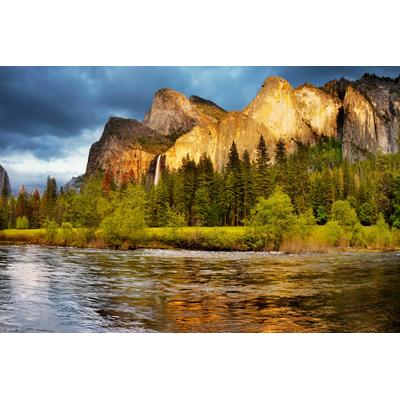 Fototapete PAPERMOON "YOSEMITE TAL-FLUSS GEBIRGE WALD BERGE SONNE WASSERFALL", bunt, B:3,5m L:2,6m, Vlies, Tapeten