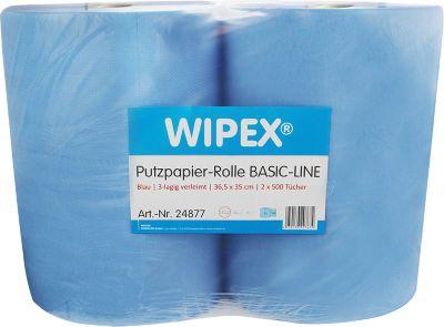 WIPEX Basic-Line Putzpapier, 3-lagig, perforiert, hohe Saugfähigkeit, 100 % Zellstoff, blau, 2 Rollen mit jeweils 500 Tüchern