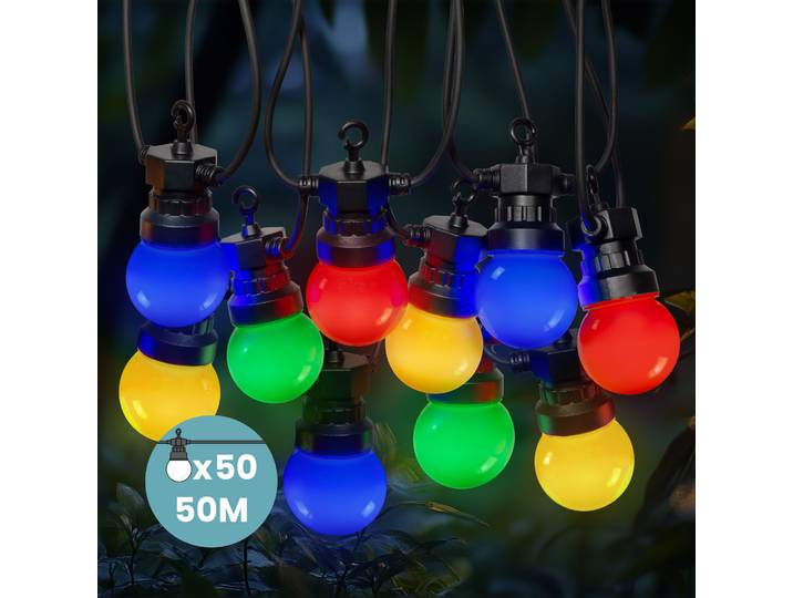 Guirlande Guinguette 50m Multicolore - Guirlande Lumineuse Exterieure 50 Bulbes Rouge Bleu Jaune Vert - Guirlande Guinguette Exterieur 50m + 3m De Cable