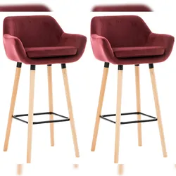 Décoshop26 - Set aus 2 roten Samt-Barhockern mit Holzbeinen Fußstütze und Armlehnen Retro-Modern-Stil 10_0000689