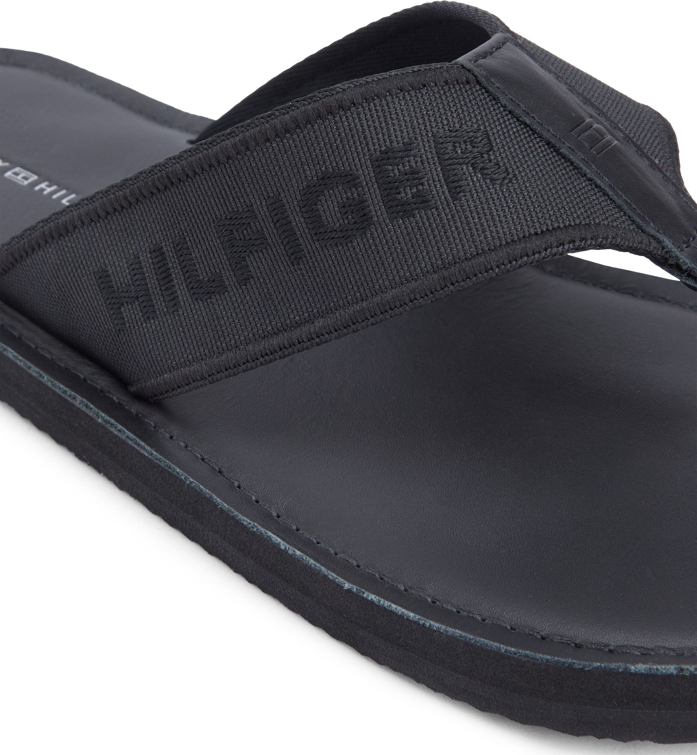 Zehentrenner TOMMY HILFIGER "HILFIGER LEATHER BEACH SANDAL", Herren, Gr. 40, Textil, schwarz, Schuhe Zehentrenner, Sommerschuh, Flat mit modischer Logostickerei schwarz 40, Textil