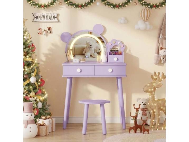 Coiffeuse Enfant - 55x38x101cm – Miroir LED Ourson Table en Bois Tiroir Tabouret Fleur Inclus-Violet