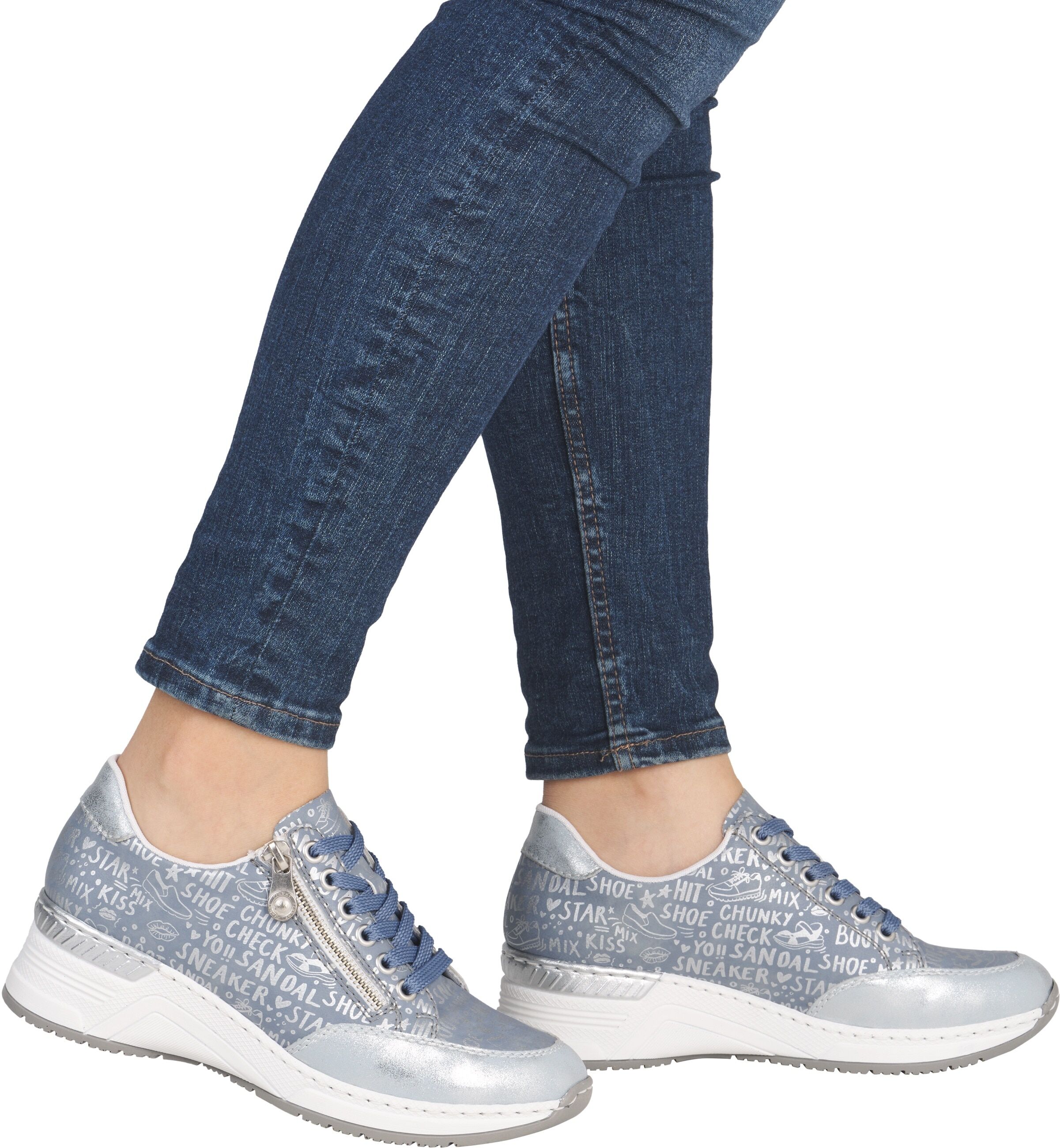 Sneaker RIEKER, Damen, Gr. 36, Textil, blau (hellblau), Lederimitat, metallic, Schuhe Sneaker, mit Lettern bedruckt, Freizeitschuh, Halbschuh, Schnürschuh hellblau 36, Textil